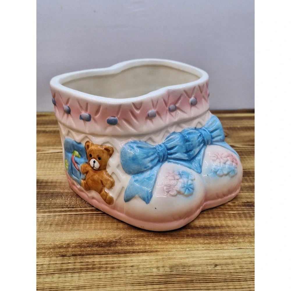 Ceramic Vase‎ Teddy Bear Baby Shoes Boots Pink Bow